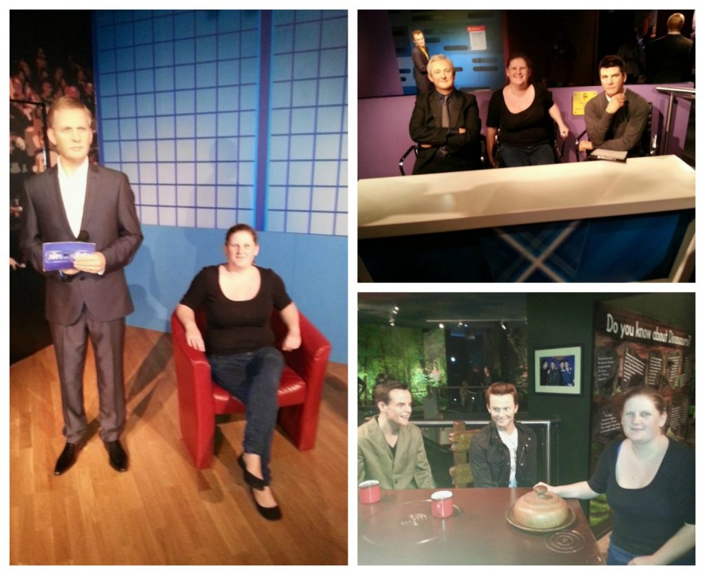 A collage of three photos shows a woman posing with various realistic wax figures at Madame Tussauds, including a suited man standing, two people at a desk, and two people at a table with cups.