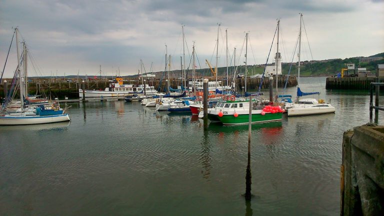 Several sailing boats and yachts are moored in a small harbour with calm water, under a cloudy sky. On this Silent Sunday, a lighthouse and green hills stand in the background while red buoys decorate one of the boats.
