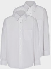 Two identical long-sleeve white school uniform shirts with collars and front chest pockets, displayed against a plain background, one slightly behind the other—perfect for buying school uniform essentials whilst saving money.
