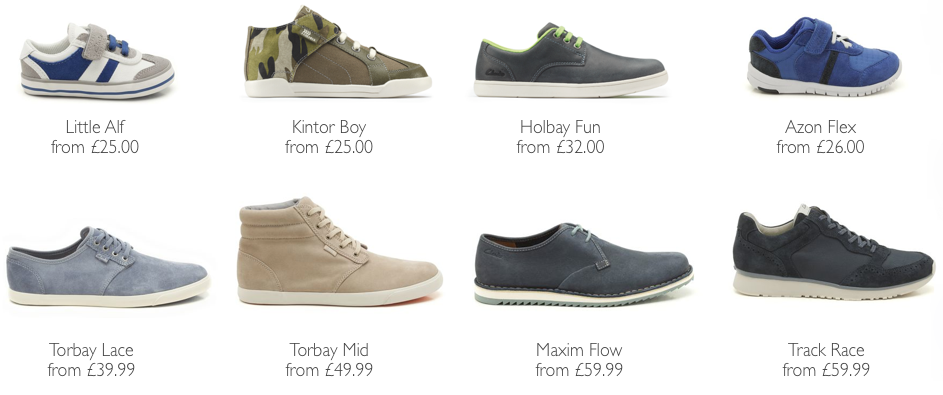 Eight pairs of boys' shoes in various colours and styles, each with a name and starting price shown underneath—including trainers, boots, and dress shoes—perfect as thoughtful Father’s Day gift ideas for stylish kids.