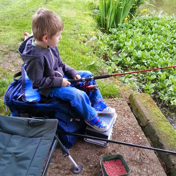 On a Silent Sunday, a young boy sits on a tackle box by a pond, holding a fishing rod and gazing at the water. Dressed in a hoodie and jeans, he’s surrounded by fishing gear and lush green plants.