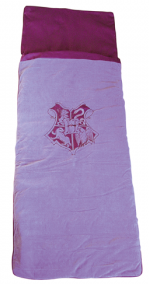 A purple Harry Potter Snuggle Sac sleeping bag with a maroon pillow and a crest featuring four animals on the front centre.