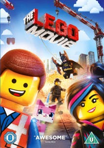 Colourful poster for "The LEGO Movie" DVD shows Emmet, Wyldstyle, Batman, and Unikitty with a city background, cranes, and an explosion. The title appears in bold red letters at the top.