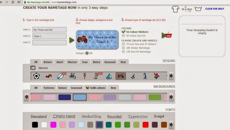 Screenshot of a nametag creation website by My Three and Me. The page is perfect for back to school, letting you enter a name, pick designs like a games controller, choose colours and fonts, with an empty shopping basket on the right.