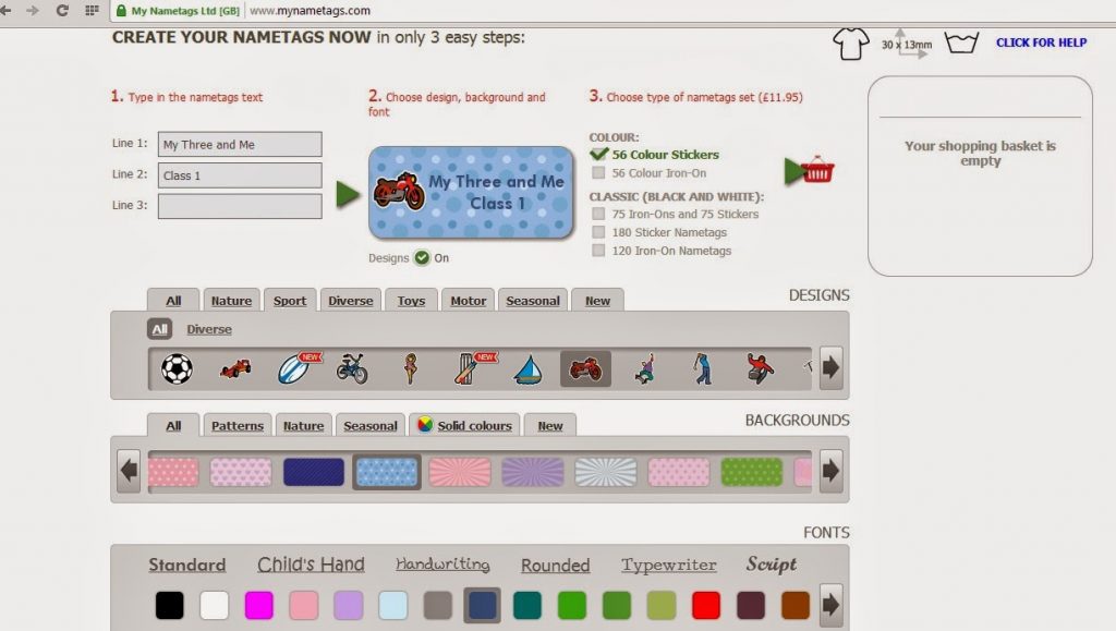 Screenshot of a nametag creation website, perfect for back to school. The user can enter text, select designs (like footballs, animals, cars), pick background patterns and fonts. The My Three and Me shopping basket on the right is empty.