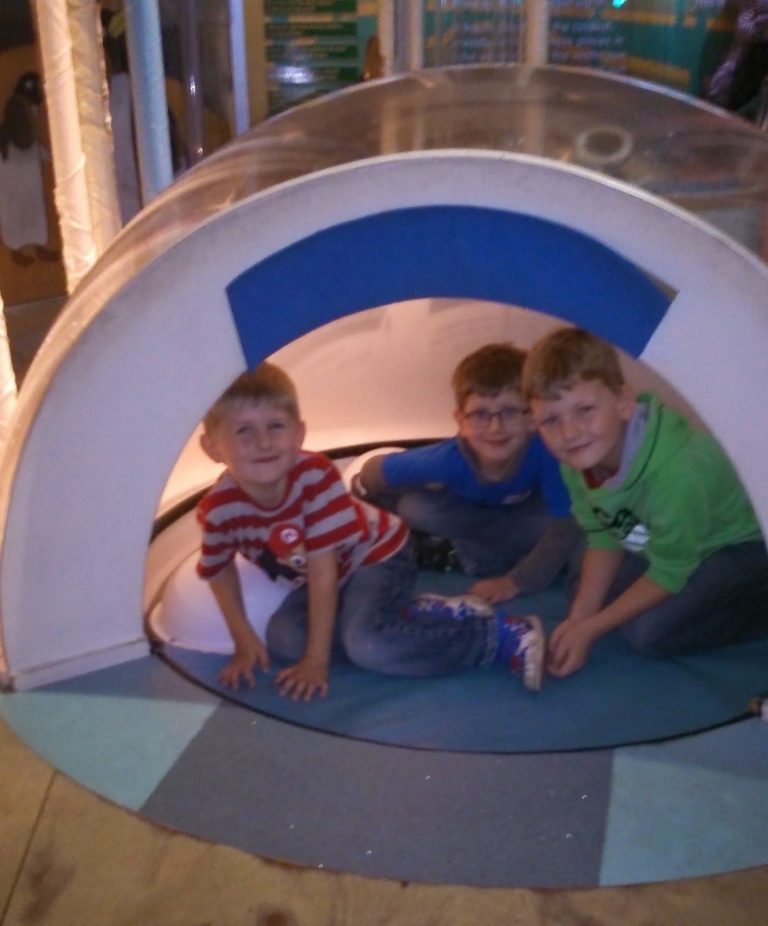 Three young boys are smiling and crouching inside a small, dome-shaped play structure with a blue and white colour scheme—capturing a joyful Silent Sunday moment in an indoor play area.