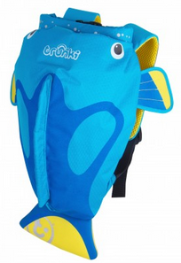A bright blue Trunki PaddlePak children's rucksack designed to look like a fish, with fins, a tail, and eyes. The brand "Trunki" is printed on top, and yellow accents are visible on the fins and tail—perfect for any PaddlePak review.