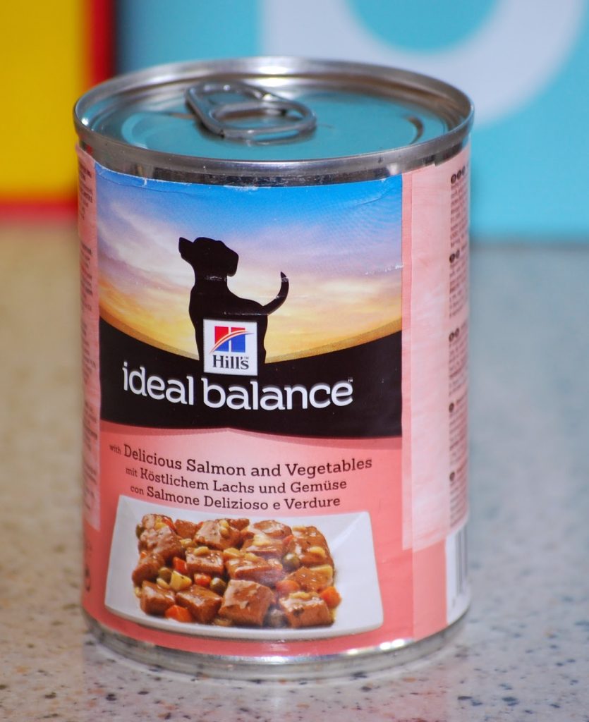 A tin of Hills Dog Food, specifically Hills Ideal Balance with salmon and vegetables flavour, sits on a speckled worktop, featuring a food image and a dog silhouette on the label.