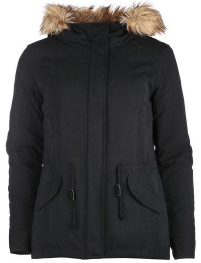 A black winter parka jacket with a faux fur-lined hood, front zip and press-stud fastening, drawstring waist, and two flap pockets—perfect for staying warm during the winter season and braving seasonal changes.