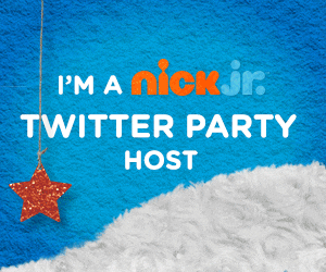 A graphic with a blue textured background and white fluffy border reads, "I’m a Nick Jr. Twitter Party Host." A sparkling orange star hangs by a string on the left, perfect for any NickJrCraftmas craft party celebration.