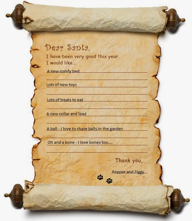 A parchment scroll with a playful letter to Santa Paws, listing pet gifts like a comfy bed, toys, treats, a collar, a ball, and a bone. Signed "Pepper and Ziggy" with paw print graphics at the bottom.