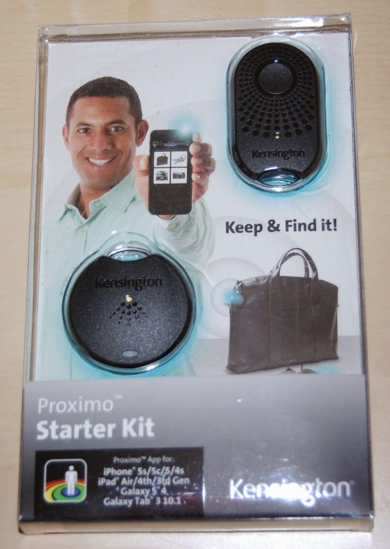 A retail package for the Kensington Proximo Starter Kit shows two tracking devices, a smiling man holding a phone, and a bag. Perfect for technology enthusiasts, it says "Keep & Find it!" and lists compatible iPhone and Galaxy devices.