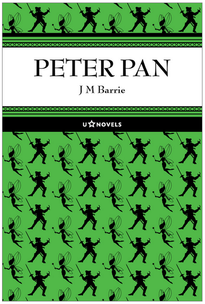 Book cover of "Peter Pan" by J. M. Barrie, featured in our Book Gift Guide for Christmas 2014. The green background showcases black silhouettes of Peter Pan and Tinker Bell, with the title and author centred in a white box.
