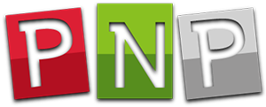 Three square tiles with bold white letters—"P," "N," and "P." The first "P" is on red, the "N" on green, and the second "P" on grey. Each tile casts a slight shadow, evoking the festive look of Portable North Pole Christmas Messages.