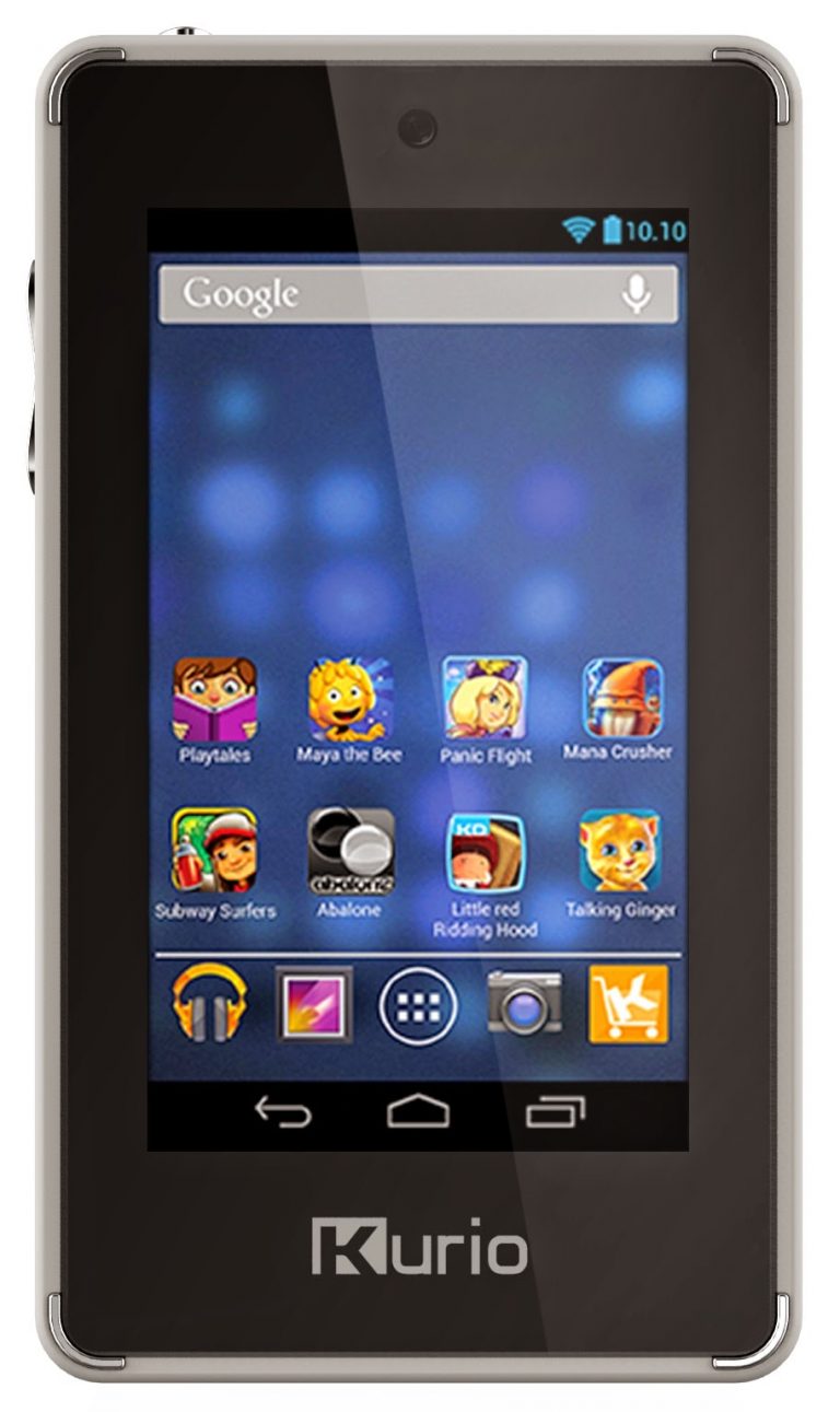 A Kurio Pocket touchscreen device displays a home screen with app icons, including Playtales, Maya the Bee, Panic Flight, Mana Crusher, Subway Surfers, and more under a Google search bar—perfect for any review or opinion on child-friendly tech.