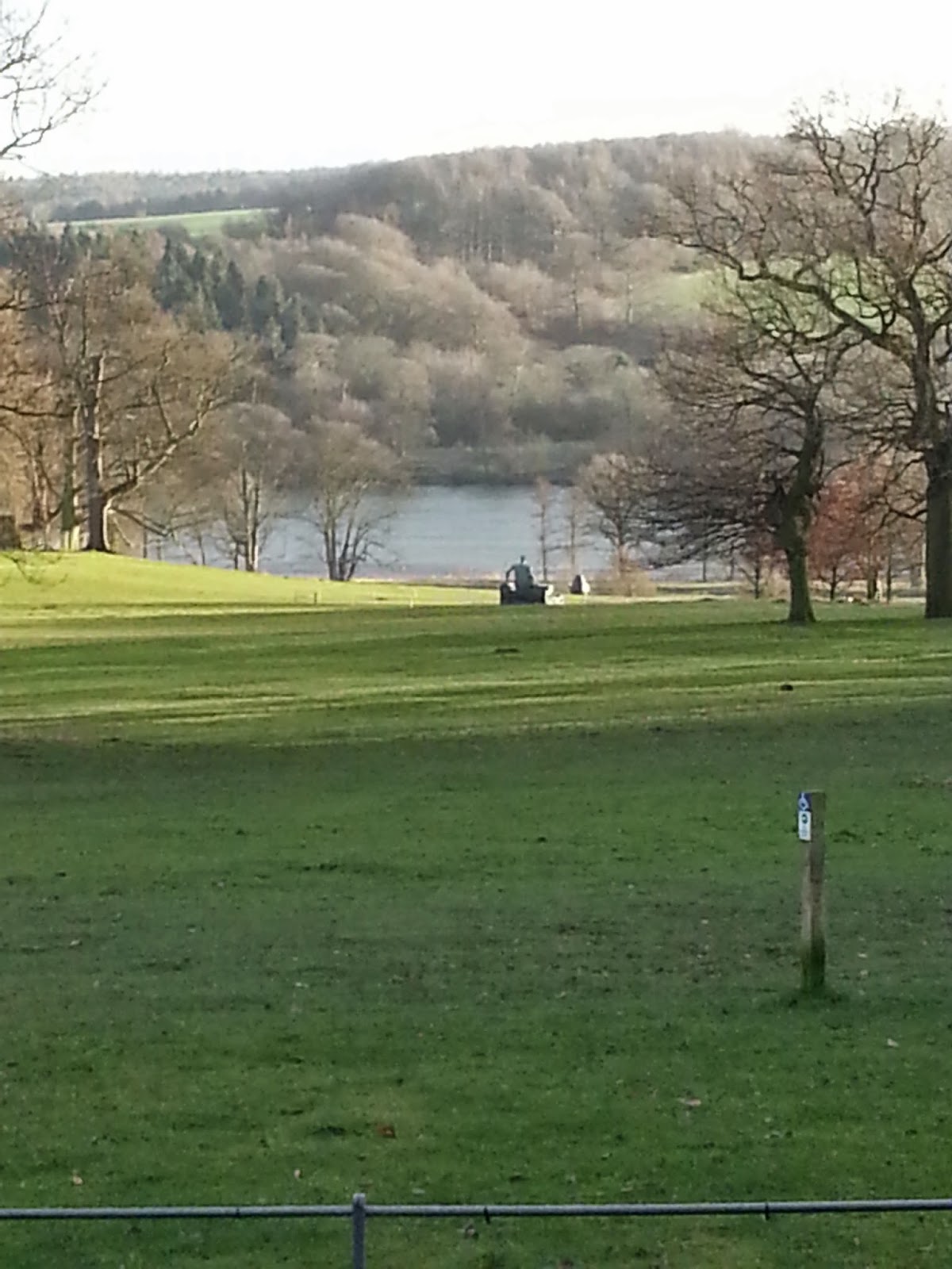 A grassy field with scattered trees, overlooking a calm lake and wooded hills in the background. On this Silent Sunday, two people sit peacefully on a bench near the water under a clear sky.