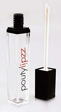 A clear lip gloss tube labelled "pouty lipzz" in black and red text is shown with its black cap and applicator wand removed—an ideal pick for Valentine’s Day gift ideas.