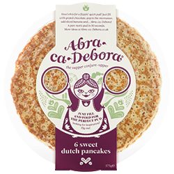 A pack of Abra-ca-Debora 6 sweet Dutch pancakes, perfect for Pancake Day. The playful label features a woman holding two pancakes with decorative purple and green accents.