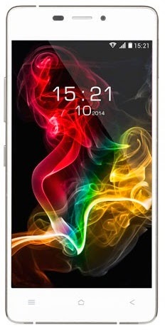 A white KAZAM Tornado 348 smartphone displays a colourful, swirling smoke pattern on its screen, with the time set to 15:21 and the date shown as 10.2014—perfect for your next tech review. The front-facing camera and sensor are visible at the top.