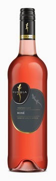 A bottle of Kumala Rosé wine with a black screw cap and a dark label featuring a small golden lizard logo. This vibrant pink wine is perfect for adding to any Pamper Hamper, with the bottle standing upright against a white background.