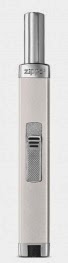 A sleek, silver Zippo lighter with a textured ignition switch and a cylindrical top stands upright against a plain light background—the perfect addition to any Pamper Hamper.