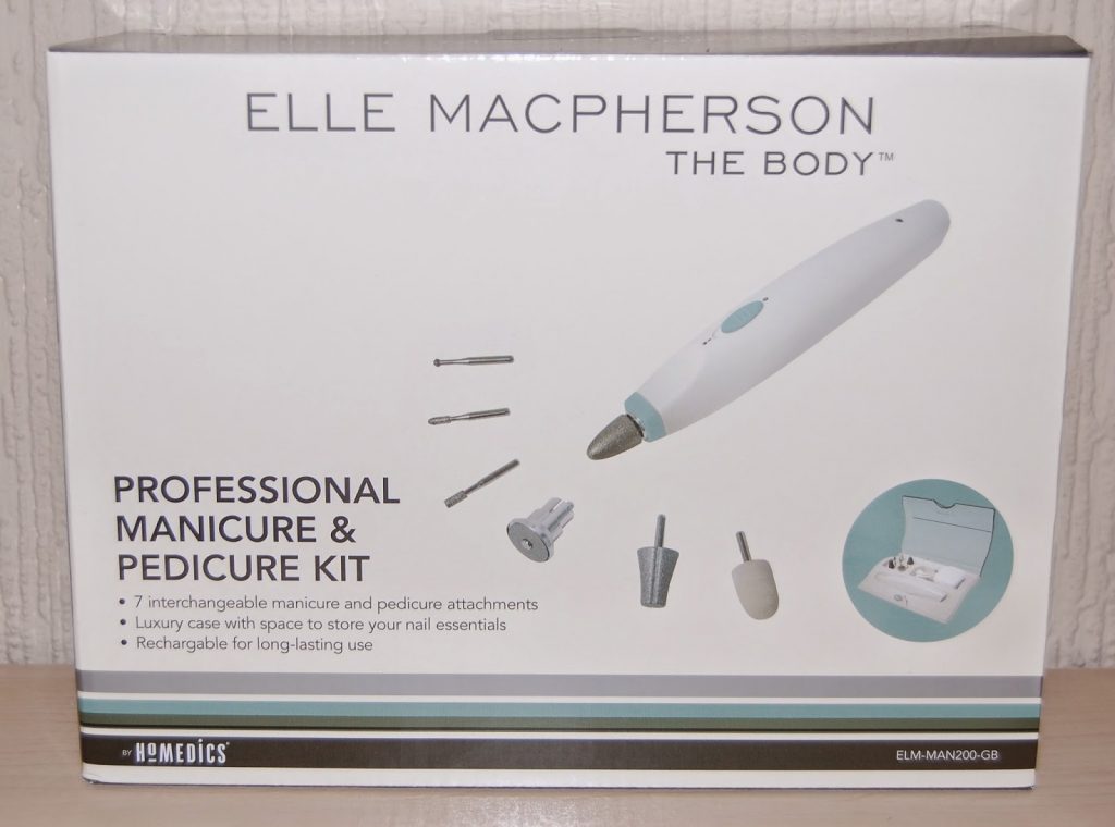 Box of Elle Macpherson The Body Professional Manicure & Pedicure Kit, featuring the tool, 7 interchangeable attachments, a storage case, and product details on the front—perfect for beauty gifts or Mother’s Day presents.