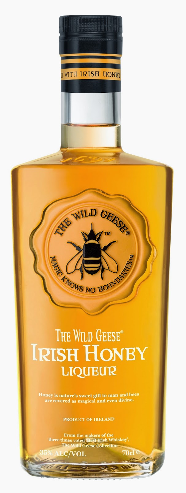 A bottle of The Wild Geese Irish Honey Liqueur with a golden label featuring a bee emblem and text—perfect for Mother’s Day gifts. This 70cl bottle, filled with amber liquid, makes a thoughtful gift idea and is proudly a product of Ireland.