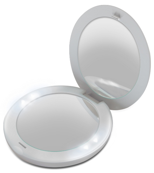 A round, white compact mirror is open, revealing two mirrors inside. Small LED lights are embedded around the edge of one mirror, illuminating the reflective surface—perfect for beauty gifts or thoughtful Mother’s Day presents.