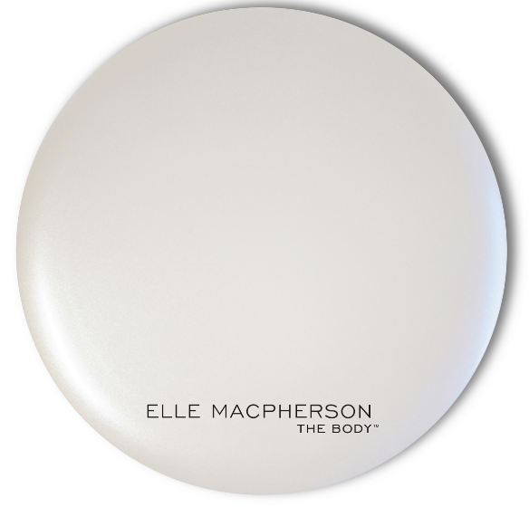 A round, white compact case with "ELLE MACPHERSON THE BODY" printed in black near the bottom—perfect for beauty gifts or thoughtful Mother’s Day presents.