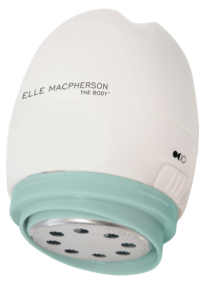 A white and mint green handheld electronic device labelled "Elle Macpherson The Body," featuring a grated metal surface and side control buttons—perfect for unique beauty gifts or thoughtful Mother's Day presents.