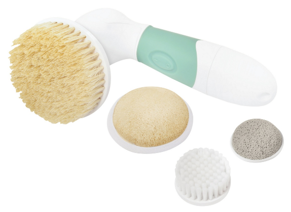 A handheld electric body brush with a green grip, shown with four interchangeable heads: a bristle brush, sponge, pumice stone, and rubber nubbed massager—perfect for beauty gifts or thoughtful Mother’s Day presents.