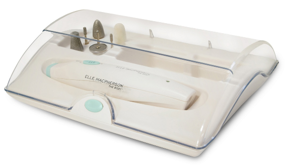 A white electric manicure and pedicure set by Elle Macpherson in a clear plastic case, showing the main device and several interchangeable filing and buffing attachments—perfect for Mother’s Day gifts or other thoughtful beauty present ideas.