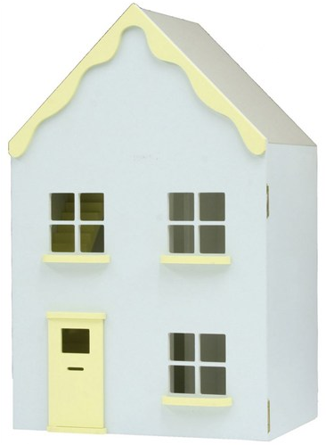 A white Pete's Cottage Dolls' House with a yellow door, yellow window frames, and yellow trim on the roof, featuring four windows and a simple, classic design—the perfect win dolls' house for imaginative play.