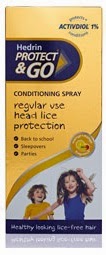 A box of Hedrin Protect & Go Conditioning Spray to prevent head lice, featuring images of two smiling children and text highlighting its regular use for school, sleepovers, and parties.