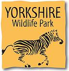 Logo for Yorkshire Wildlife Park featuring the park name in black text above a running zebra silhouette, all on a yellow-orange square background—perfectly capturing the spirit of this renowned wildlife park.