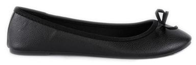 A black ballet flat shoe with a small bow on the toe, made of textured material, shown from the side against a white background—perfect for effortless summer style from Shoe Zone.