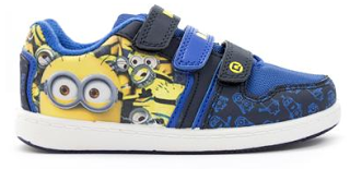 A children's trainer from Shoe Zone featuring blue and black colours, playful Minion characters on the side, two Velcro straps, and a white sole—perfect for summer style.