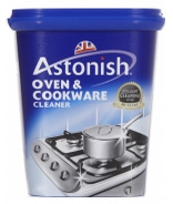 A blue container of Astonish Oven & Cookware Cleaner, perfect for Spring Cleaning, featuring an image of a shiny cooker and saucepan, with a blue lid and the Astonish brand logo prominently displayed on the front.