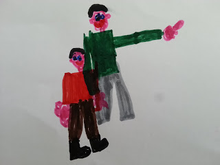 A child's drawing of two people: a taller TruprintDad in a green shirt and grey trousers points to the right, while a shorter figure in a red shirt and brown trousers stands beside him. Both have pink faces and blue eyes.