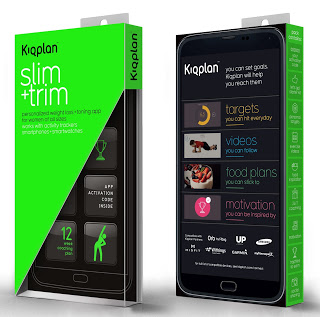 Two angled boxes of Kiqplan Slim + Trim, a weight loss and fitness app package, featuring a green and black design with app features like targets, videos, food plans, and motivation displayed on the front.