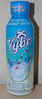 A bottle of Vybe coconut water with a blue and white label, featured in a recent Degustabox review. The label shows a coconut, a red-striped straw, and text reading "100% Natural Coconut Water," set against a light background.