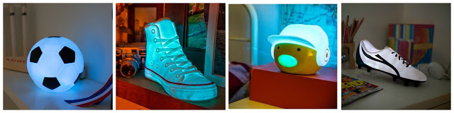 Four panels show novelty lamps: a glowing football, a high-top trainer, a cap on a round yellow figure, and a white football boot—each displayed on shelves or desks, as if part of a competition to win a child's light.