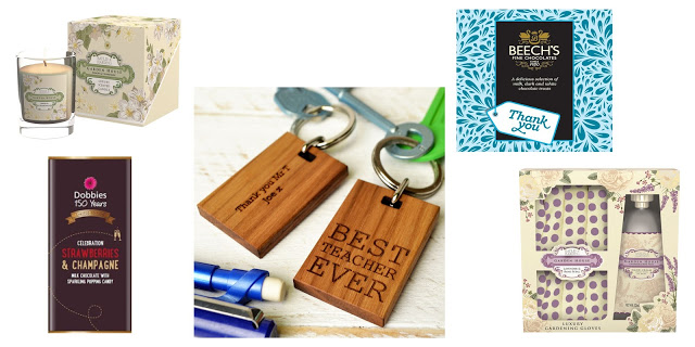 Five different teacher gifts are pictured: a scented candle, a “Best Teacher Ever” wooden keyring, a box of thank-you chocolates, a strawberry champagne chocolate bar, and a hand cream set.
