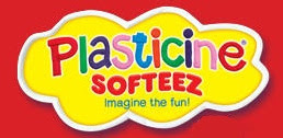 Logo for Plasticine Softeez with colourful, playful letters on a yellow cloud shape. The slogan “Imagine the fun!” appears below, all set against a red background—perfect for sharing at your next Twitter Party.