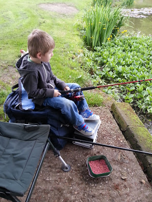 A young boy sits on a portable fishing seat by a pond, holding a fishing rod. Dressed in jeans, a hoodie, and trainers, he’s surrounded by green plants and a tub of bait—perfect Flashback Friday memories by the water.