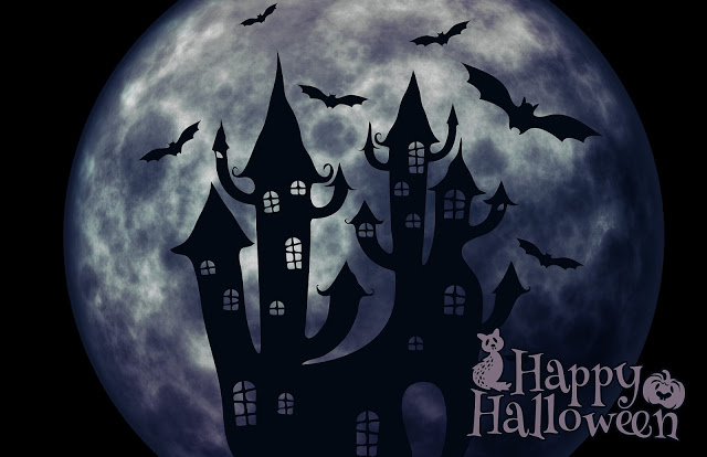a clip art silhouette of a spooky house in front of a full moon with lots of flying bats. says happy Halloween in the right hand corner