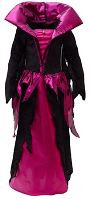 A long black and magenta fancy-dress costume with jagged edges, a high collar, and shiny pink accents—perfect for choosing a costume if you need dramatic Hallowe’en ideas or want to stand out as a witch or villain at your next party.