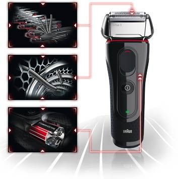 A black Braun Series 5 electric shaver with close-up insets highlights its cutting blades, flexible foil head, internal mechanisms, and power button, showcasing its advanced Wet and Dry Shaver technology.
