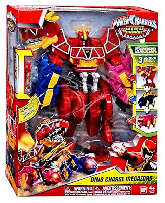 A boxed Power Rangers Dino Charge Megazord toy set featuring a large red, yellow, and blue robotic dinosaur figure with bold packaging and vibrant graphics—perfect for young fans of Power Rangers toys aged 4 and up.