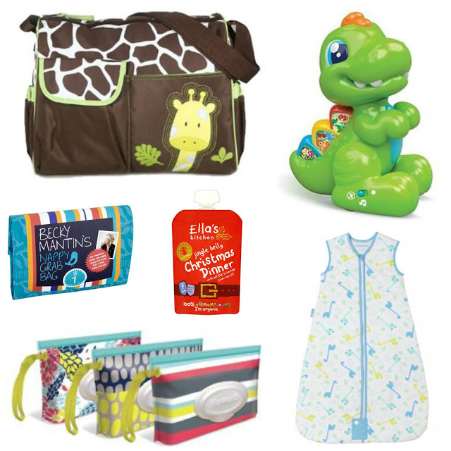 A collage of baby products—perfect for new parent gifts—including a giraffe-print changing bag, a green dinosaur toy, a blue nappy grab bag, a red food pouch, two striped snack containers, and a white sleeping bag with blue and yellow patterns.